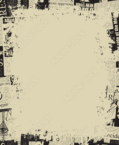 Abstract frame background with a chaotic layering of newspaper text, illustrations, headlines and a place for an inscription on a light background. Creative vector background in grunge style.