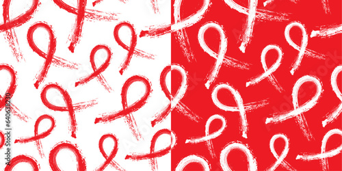 Calligraphic Red Awareness Ribbon Seamless and repeatable pattern on white and red backgrounds.  Grunge awareness ribbon. Vector Illustration.

