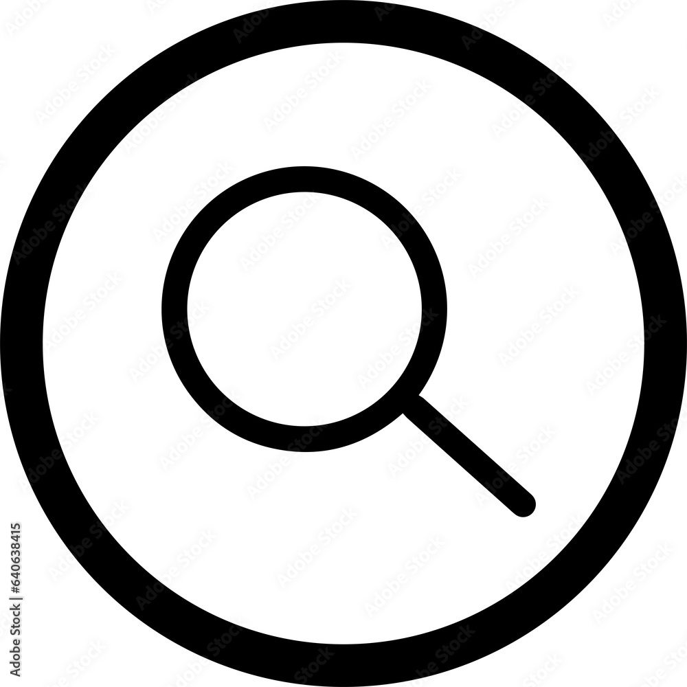 A black magnifying glass is centered on a white circle with a black edge A black magnifying glass is centered on a white circle with a black edge
