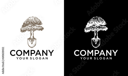 Concept tree shovel logo. Landscape gardener icon. Garden spade plant sign. Gardening service emblem. landscaping company symbol. Vector illustration.