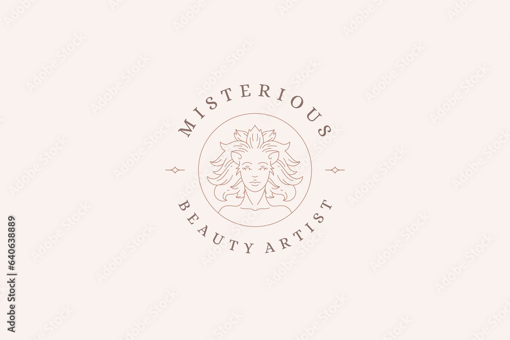 Woman lion mythology magic character portrait silhouette mane line art logo design template vector