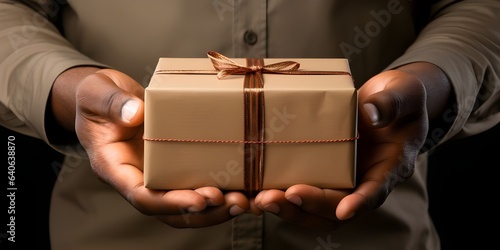 Man's hands holding a box with a gift