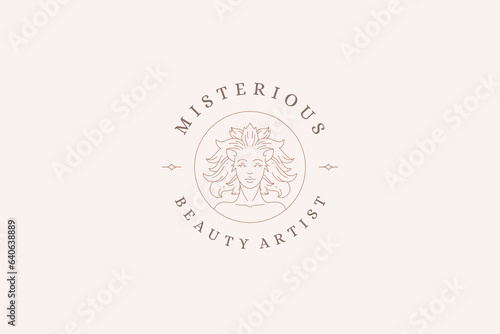 Woman lion mythology magic character portrait silhouette mane line art logo design template vector