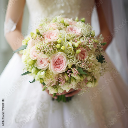 bride holding bouquet, in the style of romanticized femininity, pink and green, tokina opera photo