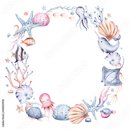 frame of sea animals. Blue watercolor ocean fish wreath, turtle, whale and coral. Shell aquarium mermaid submarine. Nautical dolphin marine illustration, jellyfish, starfish photo