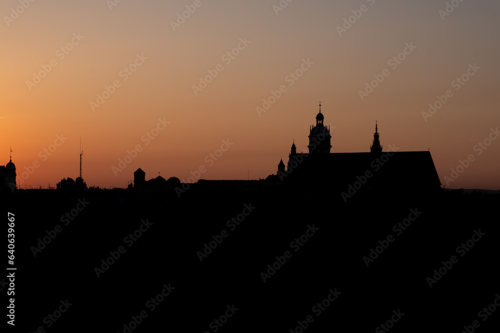 silhouette of the Krakow city on the sunset