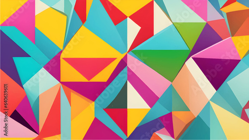 Dynamic geometric abstraction background: Interlocking shapes in vibrant primary colors and pastels create a captivating composition. Ideal for contemporary designs.