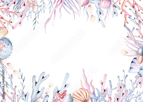 Underwater baby shower templates. Blue watercolor submarine ocean fish, turtle, whale and coral. Shell aquarium background. Nautical snorkeling, diving dolphin marine illustration, jellyfish, starfish © kris_art