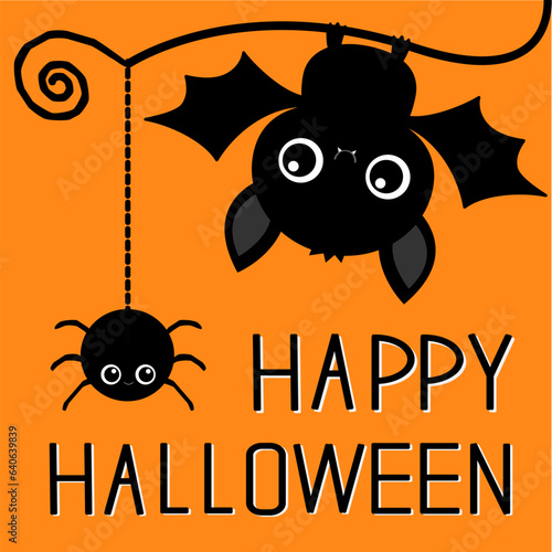 Cute hanging bat, spider on dash line web. Happy Halloween. Cartoon kawaii funnychildish baby animal charater set. Greeting card. Flat design. Orange background. Isolated.