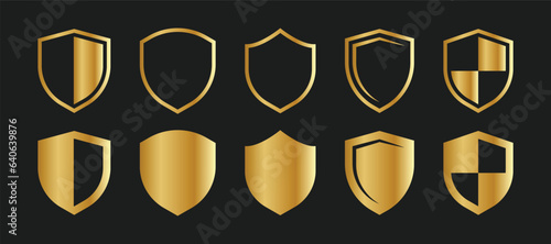 Gold Shield Vector Icons For Security Guard, Protection Icon, Privacy, Defense And Military Design Elements, Safety Gold Shield Vector Illustration With Glossy And Shiny Realistic