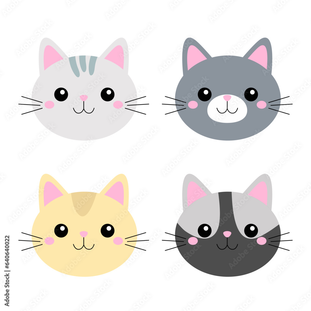 Four cat face icon set. Cute kitten head body silhouette. Different colors. Funny kawaii cartoon baby character. Sticker print template. Happy Valentines Day. Flat design. White background.