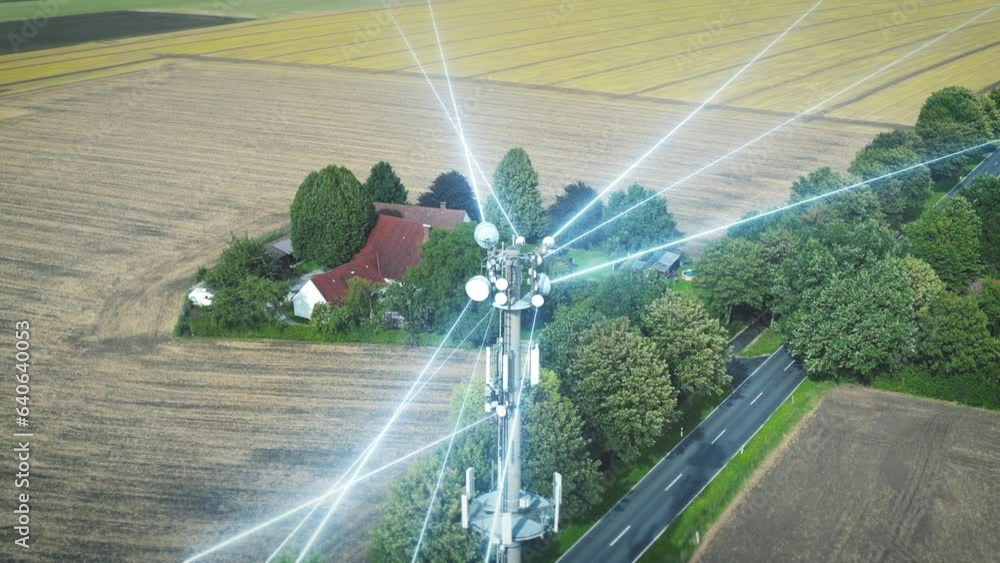Communications tower sends individual network lines of data and 5G, 6G connections to access points in rural landscape