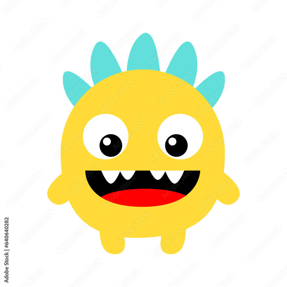 Monster. Happy Halloween. Cute head face with hair, fangs. Yellow silhouette monsters. Cartoon kawaii funny boo character. Childish baby collection. T-shirt design. White background. Flat design.