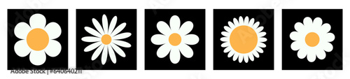 White camomile icon. Daisy chamomile set. Cute flower plant. Love card. Growing concept. Square black shape frame silhouette.Cartoon kawaii funny collection. Flat design. White background.