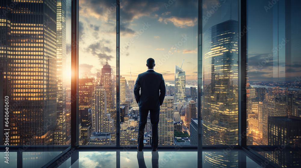 a suited man standing beside a glass window and looking at Skyscraper.Generative Ai a suited man standing beside a glass window and looking at Skyscraper.Generative Ai