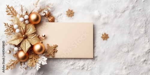 Christmas invitation card mockup. Flat lay, top view, copy space