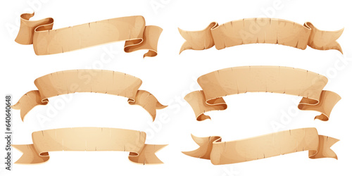 Set Parchment paper scroll ribbon, old vintage banner game ui element in cartoon style isolated on white background. © Alyona