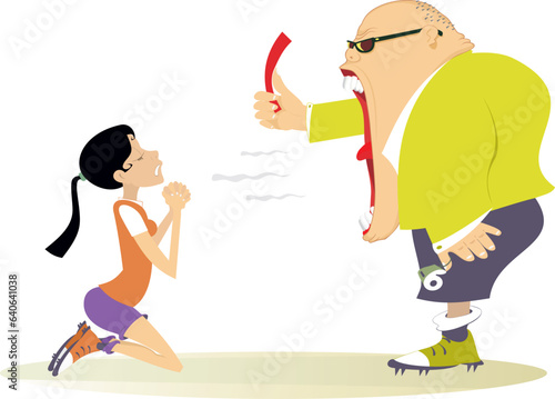 Soccer. Referee holding a red card. Football player woman. 
Angry referee shows a red card tо the football player woman staying on the knees. Isolated on white background
