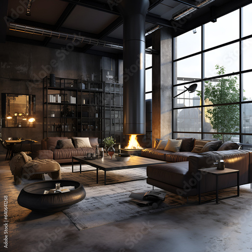 Black interior design of luxury living room with fireplace, A dark living room with a large couch and a large window with a plant on it, Dark living room loft with fireplace, industrial style . AI