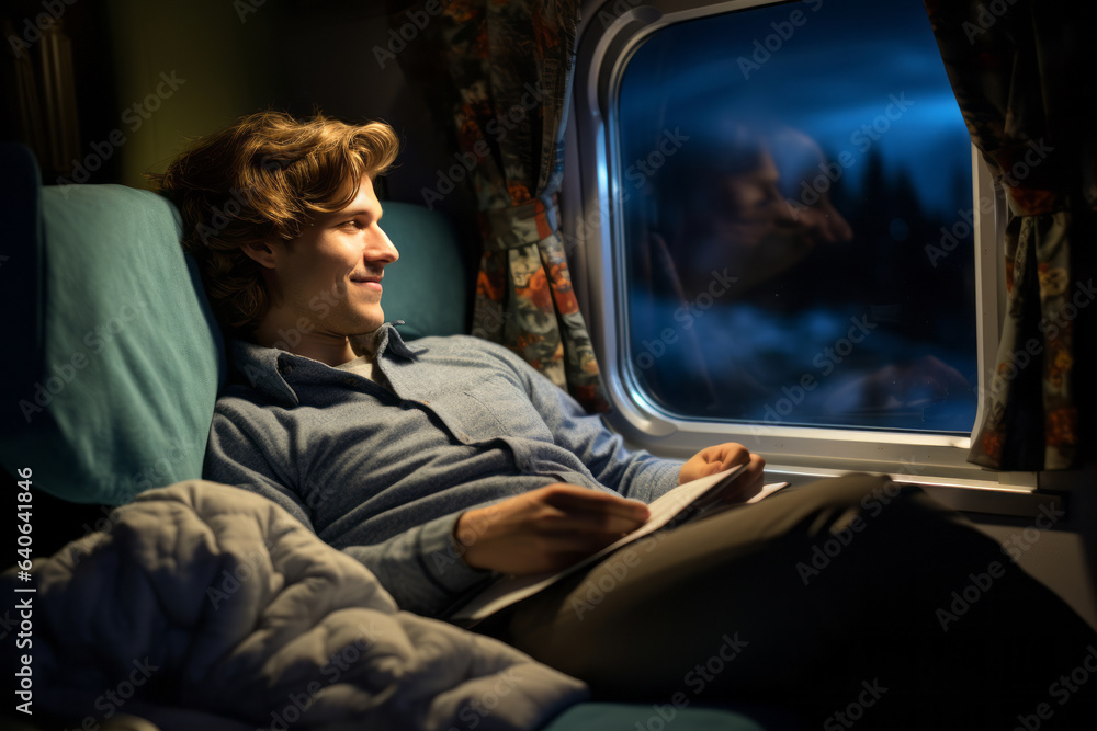 Happy young man traveling in sleeper compartment of the train at night.
