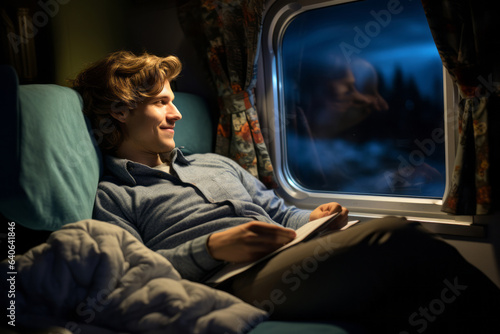 Happy young man traveling in sleeper compartment of the train at night. photo