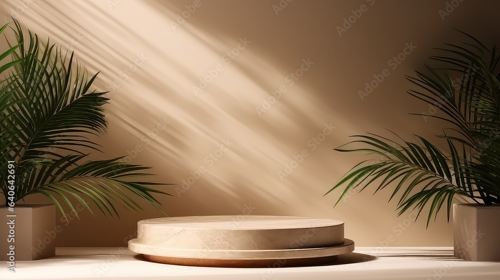 Fototapeta premium Beige Marble Podium with Palm Shadow Backdrop