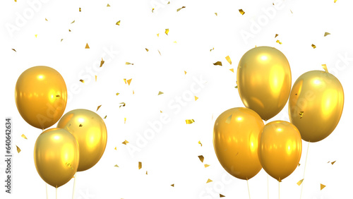 3d render of golden balloons and confetti falling on transparent background, anniversary, birthday or wedding celebration