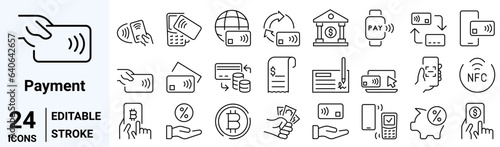 Set of 24 outline icons related to payment. Contains an icon such as NFC, money, bitcoin, credit card, credit card, Linear icon collection. Editable stroke. Vector illustration