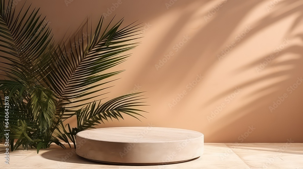 Beige Marble Podium with Palm Shadow Backdrop Beige Marble Podium with Palm Shadow Backdrop