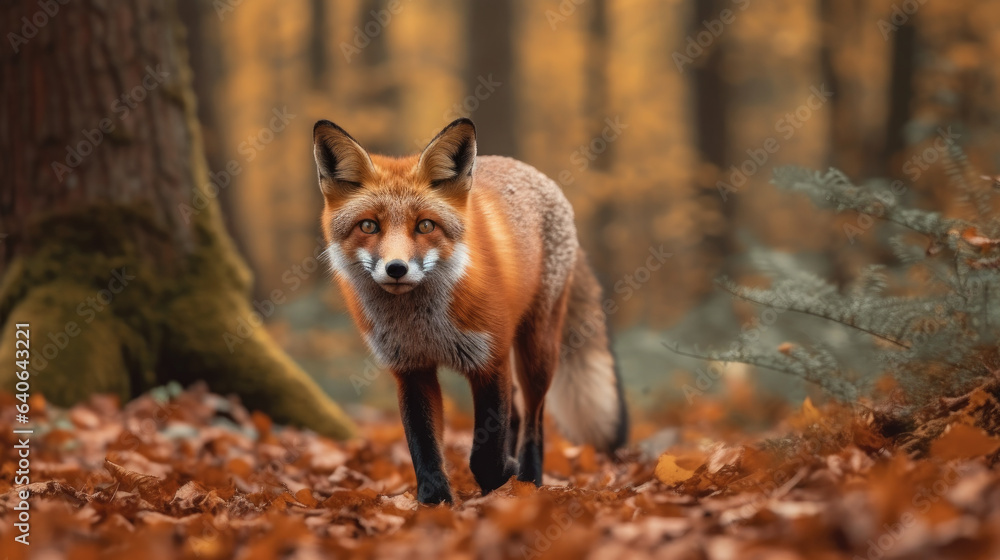 Fototapeta premium Cute Red Fox, Vulpes vulpes in fall forest. Beautiful animal in the nature habitat. Wildlife scene from the wild nature, Germany, Europe. Cute animal in habitat. Red fox.