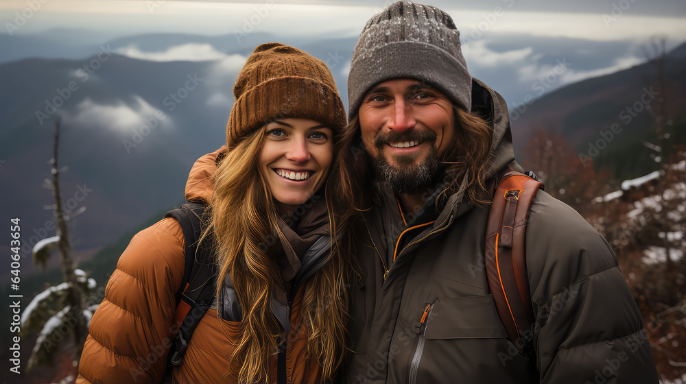 Couple hikers selfie portrait in winter mountains, young happy woman and man hiking in snowy travel. 