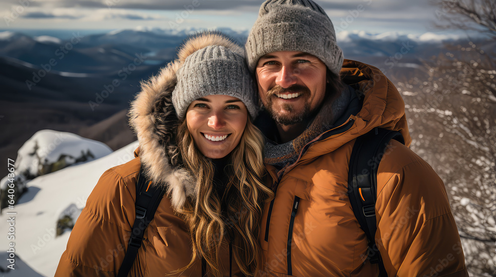 Couple hikers selfie portrait in winter mountains, young happy woman and man hiking in snowy travel. Couple hikers selfie portrait in winter mountains, young happy woman and man hiking in snowy travel.