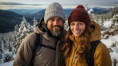 Couple hikers selfie portrait in winter mountains, young happy woman and man hiking in snowy travel. 
