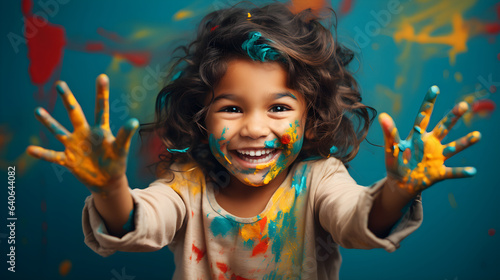 Little girl proudly raises her messy painted hands in the air, her face and clothes splashed with vibrant colours. Pure joy.