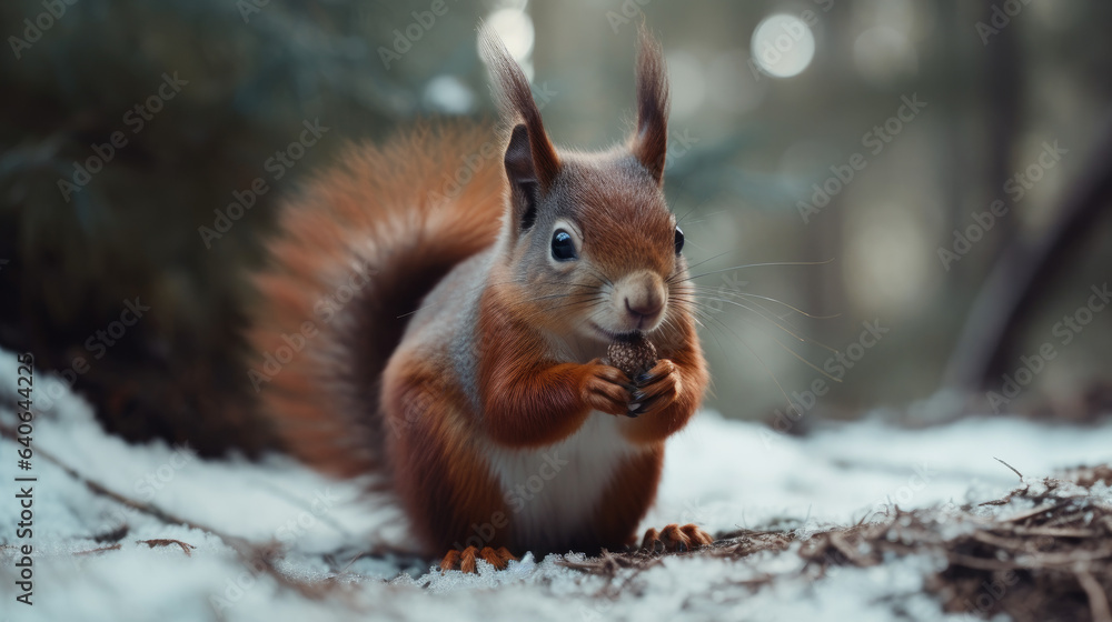 Cute red squirrel eats a nut in winter scene with nice blurred forest in the background