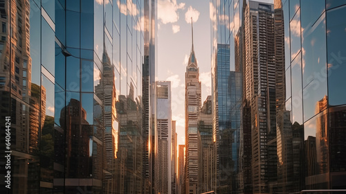 Skyscrapers reaching for the sky, their glass exteriors mirroring the surrounding cityscape and creating a stunning visual spectacle