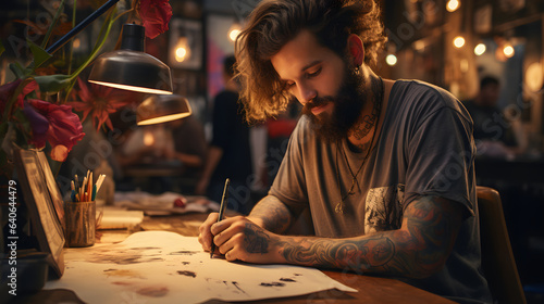 Hipster graphic designer or illustrator working in his cosy home office at night.