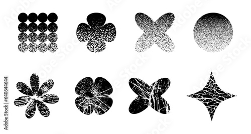 Assortment of grunge vector sticker icons showcasing diverse geometric shapes with a black and white halftone stipple effect.