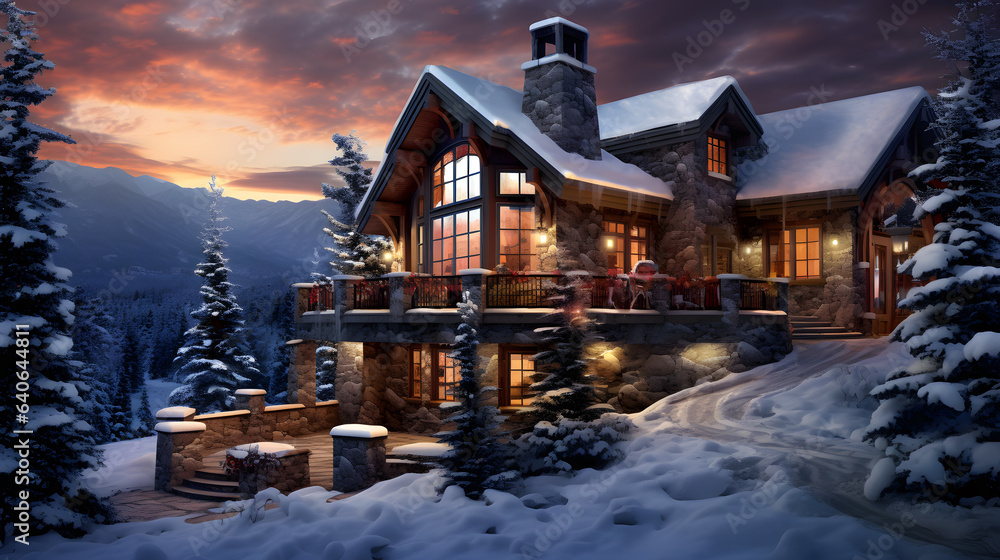 A charming mountain cabin stands nestled amidst a pristine snow-covered landscape. The image captures the delicate snowflakes and the inviting warmth emanating from the cabin's windows.