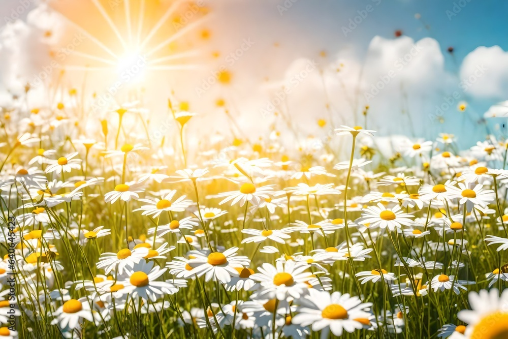 A beautiful, sun-drenched spring-summer meadow. Natural colorful panoramic landscape with many wildflowers of daisies against blue sky - AI Generative
