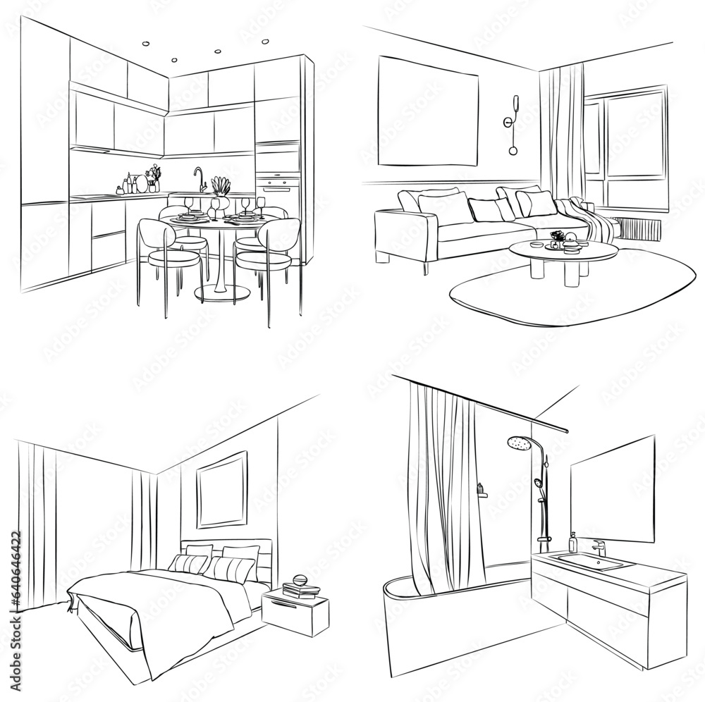 Set of different interior hand drawn sketch. Kitchen, living room, bathroom, bedroom Set of different interior hand drawn sketch. Kitchen, living room, bathroom, bedroom
