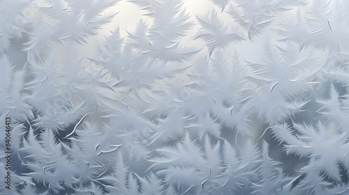 A close-up captures intricate frost patterns adorning a window  offering a glimpse of a snowy world beyond. The photography emphasizes the delicate intricacies of frost formation.