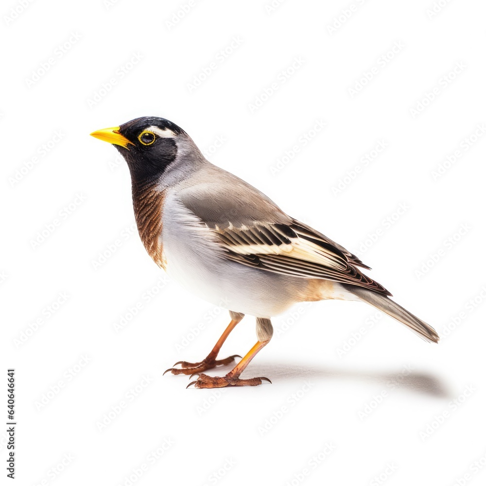 Common myna bird isolated on white.