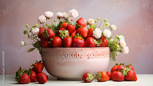 Red ripe strawberries with flowers in bowl