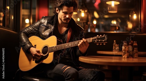A man with a guitar in a bar.