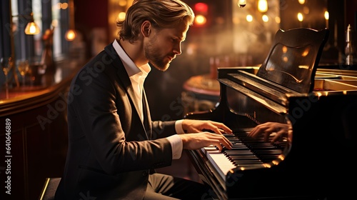 A man, a musician in a bar playing the piano.