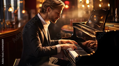 A man, a musician in a bar playing the piano. photo