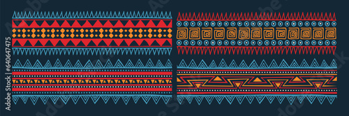 Set of tribal aztec pattern banner background. Ethnic border style vector seamless pattern. Ethnic embroidery seamless border template. Gypsy geometric motif, mexico or african print design
