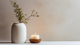 Beautiful floral herbal soya aroma candle scandinavian minimalistic simple design interior flat apartment table banner copy space.