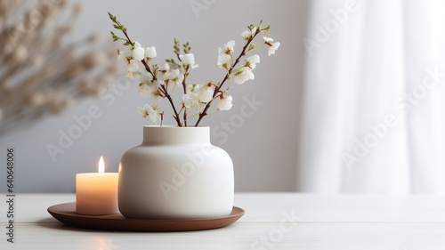 Beautiful floral herbal soya aroma candle scandinavian minimalistic simple design interior flat apartment table banner copy space.